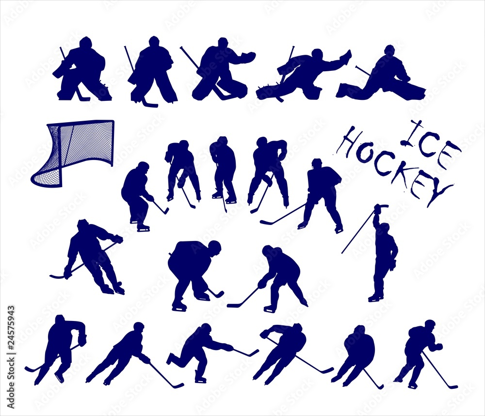 Fototapeta premium Vector silhouettes of ice hockey players and goalkeepers