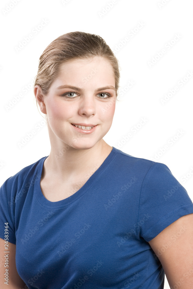 Headshot portrait of teenage girl in blue blouse Headshot portrait of teenage girl in blue blouse