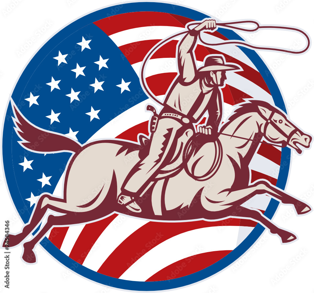 Rodeo cowboy on horse with lasso and american flag