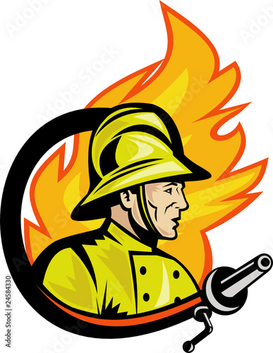 Fireman or firefighter with fire hose