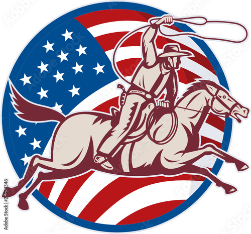 Rodeo cowboy on horse with lasso and american flag