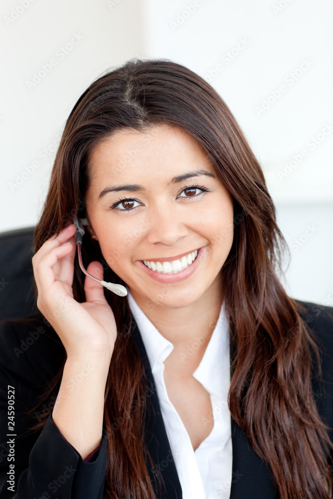 Confident asian businesswoman wearing headphones Confident asian businesswoman wearing headphones