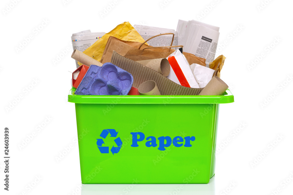 Green paper recycling bin isolated on white Green paper recycling bin isolated on white
