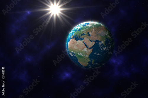 Planet Erde vor Sternenhimmel  im Hintergrund die Sonne