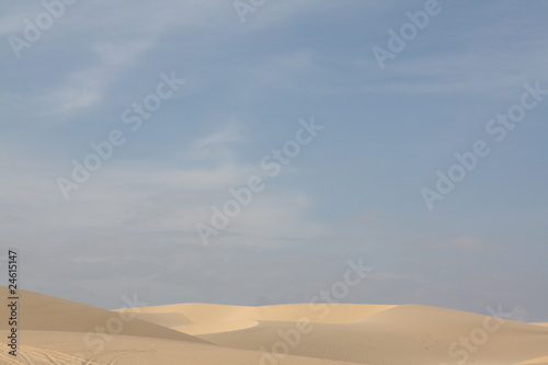 W  stenlandschaft mit D  nen und blauem Himmel