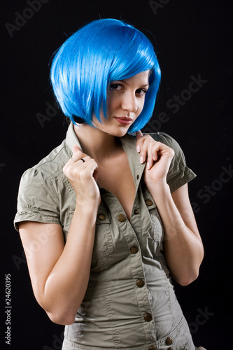 woman in blue wig