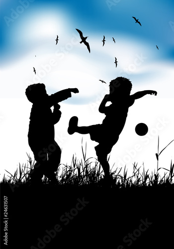 Little boys playing with ball on summer field