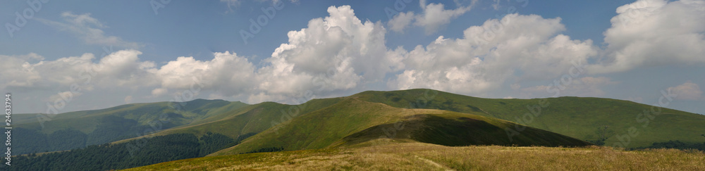 White summer clouds above Carpathian mountain meadows panorama