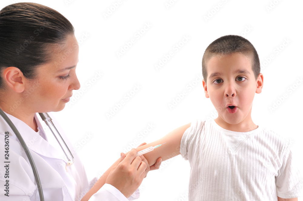 Doctor giving an injection in arm a mimmicking child. Doctor giving an injection in arm a mimmicking child.