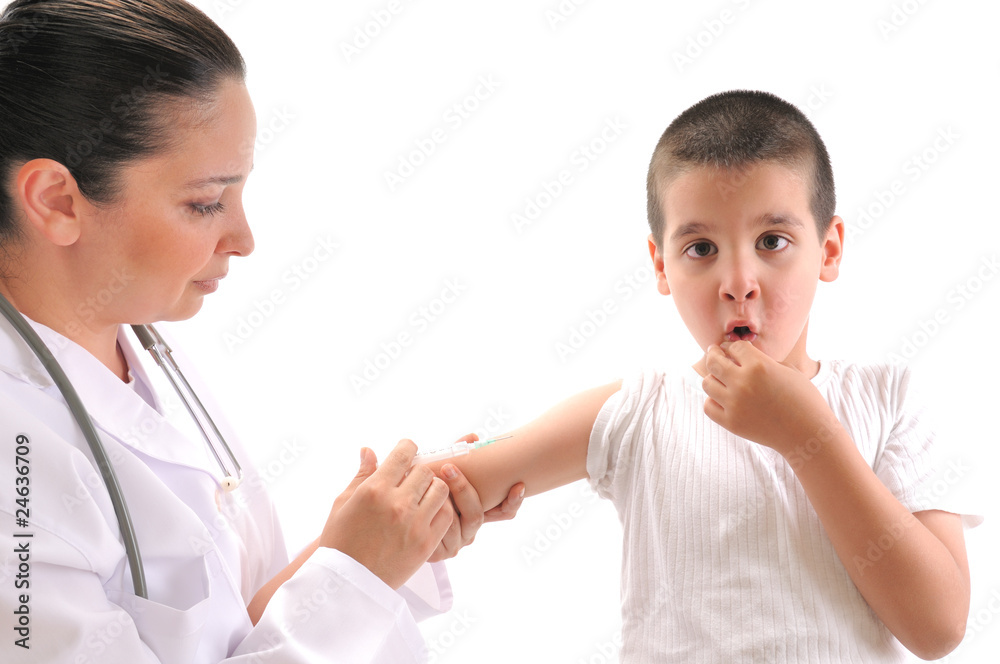 Doctor giving an injection in arm a mimmicking child. Doctor giving an injection in arm a mimmicking child.