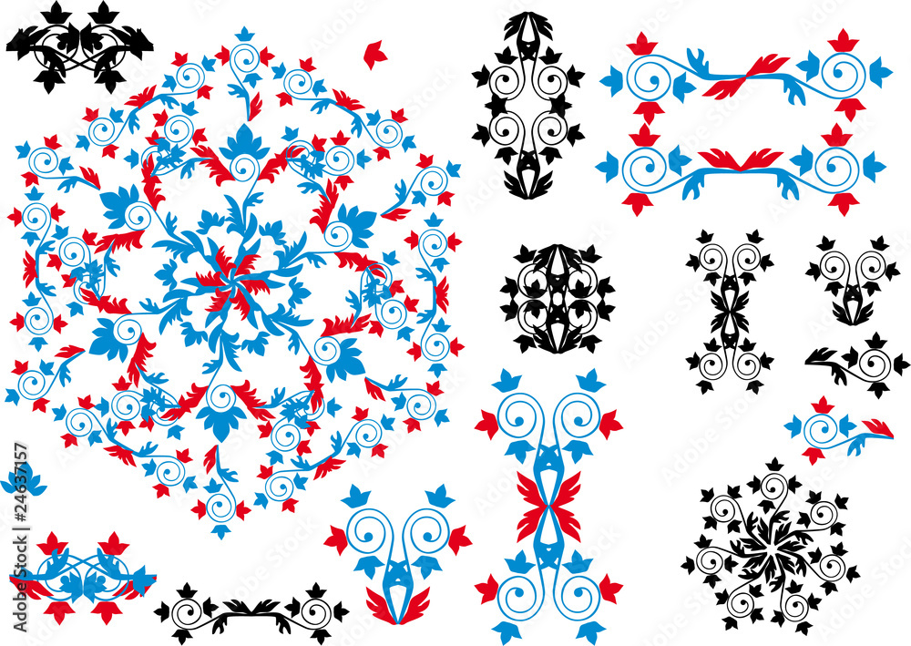 black, red and blue ornamental elements collection