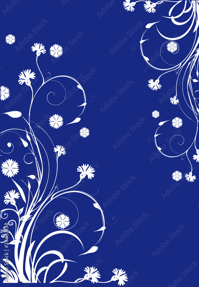 white floral curles on blue background