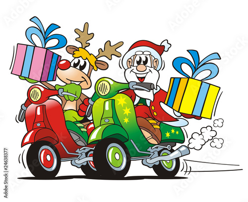 Santa and Reindeer Driving Scooter