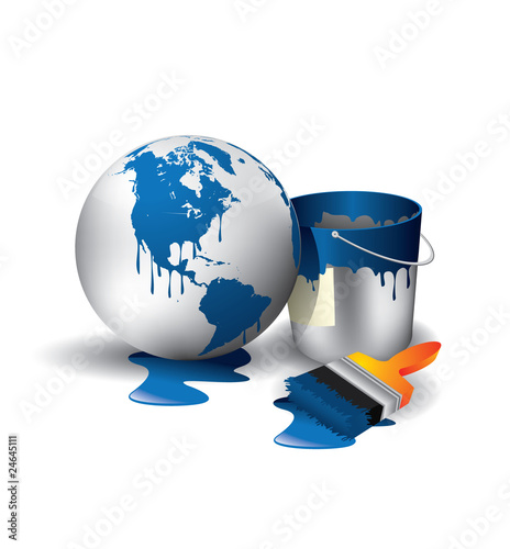 World painted sphere with blue and used brush with can