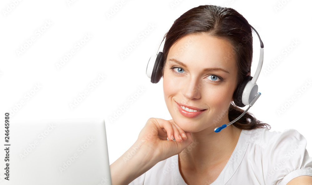 Support phone operator in headset at workplace, isolated Support phone operator in headset at workplace, isolated