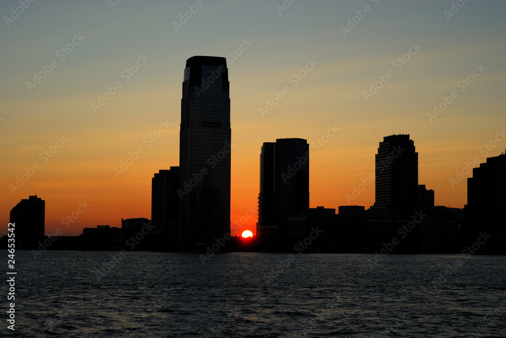 Sunset of the skyline for Exchange Place in New Jersey
