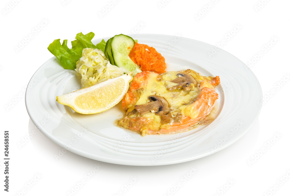 Fried trout steak with mushroom sauce.