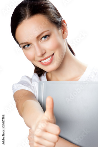 Businesswoman with thumbs up gesture, isolated on white