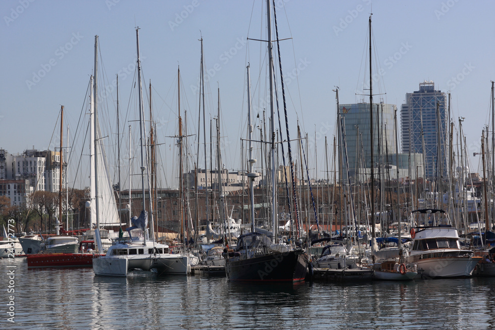 Many yachts in port of Barcelona