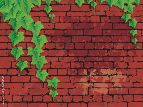 Red brick wall with ivies, AI10, CMYK.
