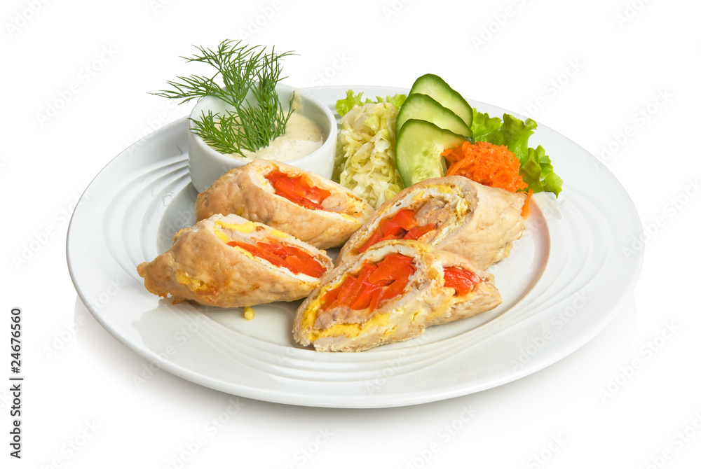 Pork rolls stuffed with scrambled eggs, cheese and red pepper Pork rolls stuffed with scrambled eggs, cheese and red pepper