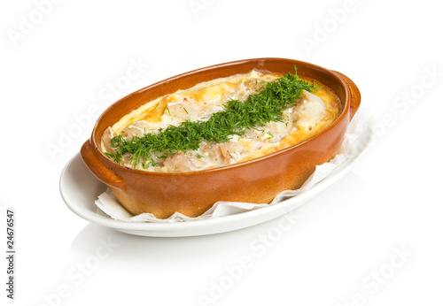 Baked zander with egg, red pepper and leek