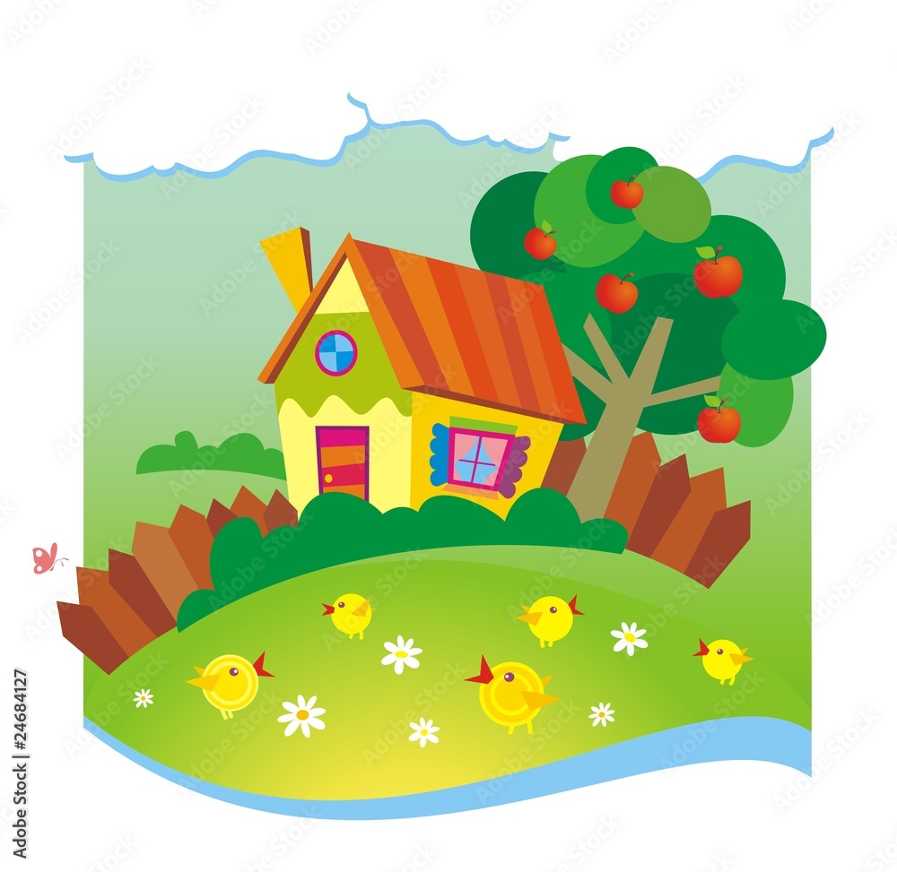 Summer background with small house and chickens