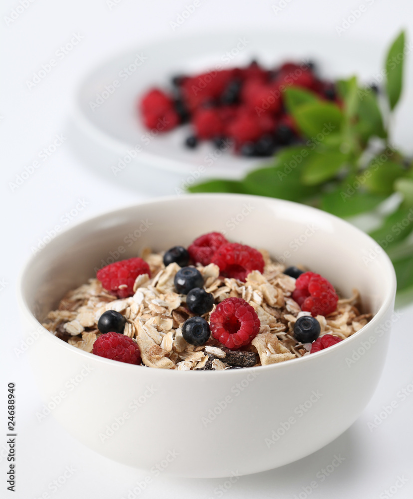 Granola with raspberries and blueberries. Shallow DOF Granola with raspberries and blueberries. Shallow DOF