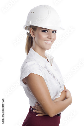 young woman white white helmet