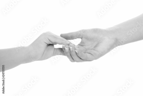young woman and children girl handshake black and white isolated