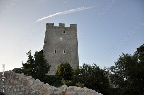 Aerial evening view over Celje Castle tower