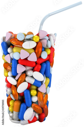 Glass shape assembled of pills with straw