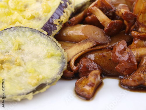 eggplant tempura and sauteed chanterelle photo