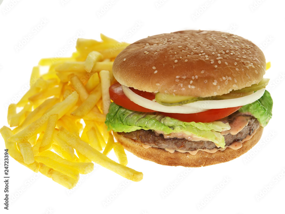 hamburger mit Pommes freigestellt auf weißem hintergrund hamburger mit Pommes freigestellt auf weißem hintergrund