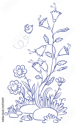 Bellflower with chamomiles and bird
