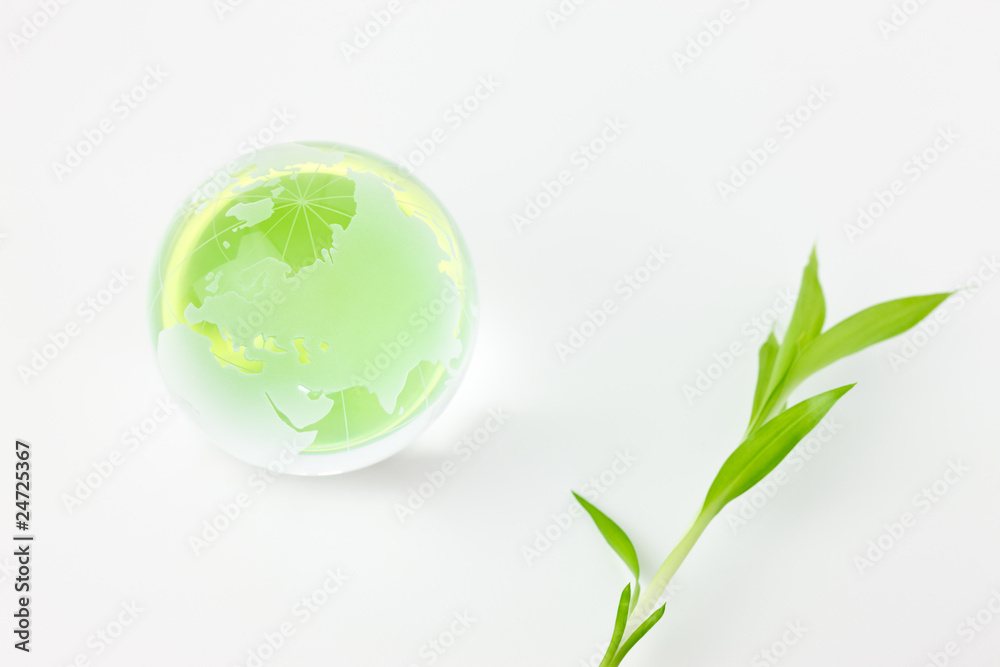 緑色に発光する地球と竹の葉
