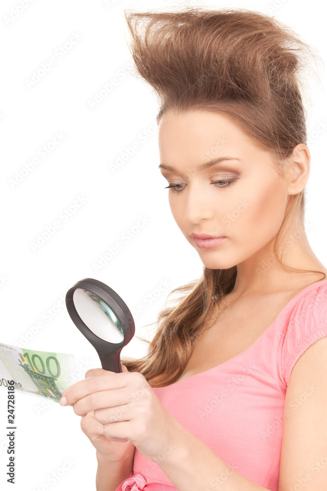 woman with magnifying glass and money woman with magnifying glass and money