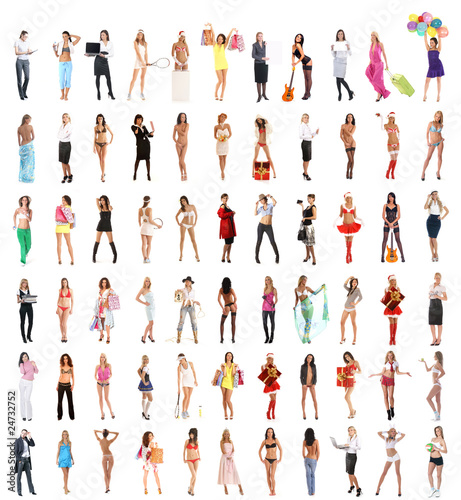 Set of 66 different young women on a white background