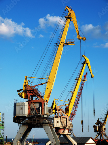 Marine cranes in cargo port closeup