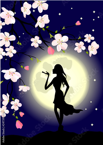 blossoming tree, woman and moon