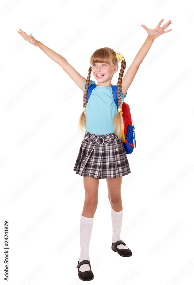 Schoolgirl with backpack hand up. Schoolgirl with backpack hand up.