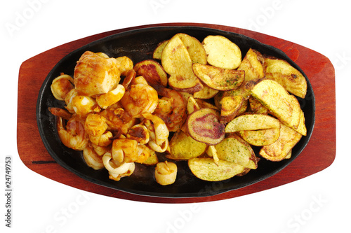 Seafood with fried potatoes (Isolated on white)