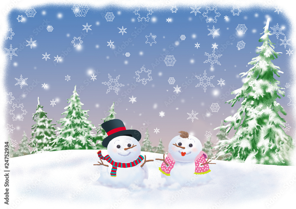 winter background with snowman couple
