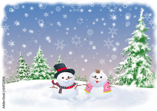 winter background with snowman couple