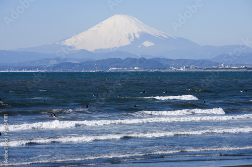Beach and waves  Mt Fuji and Enoshima Island.