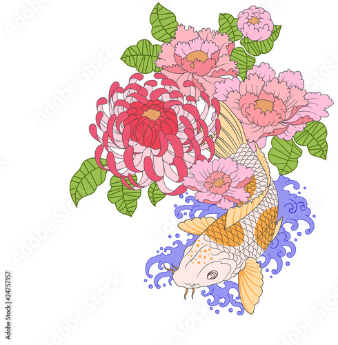 koi carp with flowers