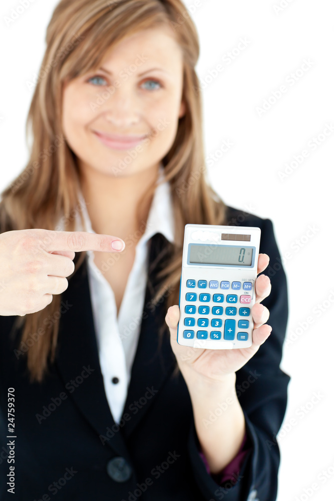 Isolated woman showing at a calculator Isolated woman showing at a calculator