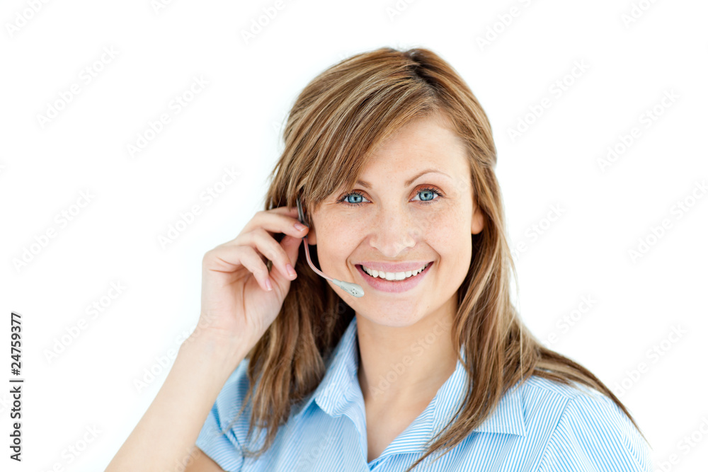 Delighted businesswoman talking on headphones Delighted businesswoman talking on headphones