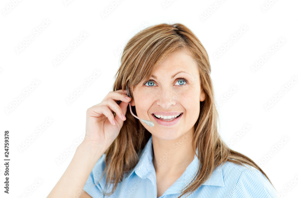 Bright businesswoman talking on headphones Bright businesswoman talking on headphones