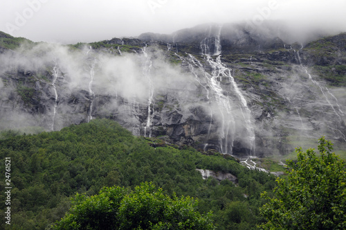 Waterfall above Lovatnet Lake  Norway